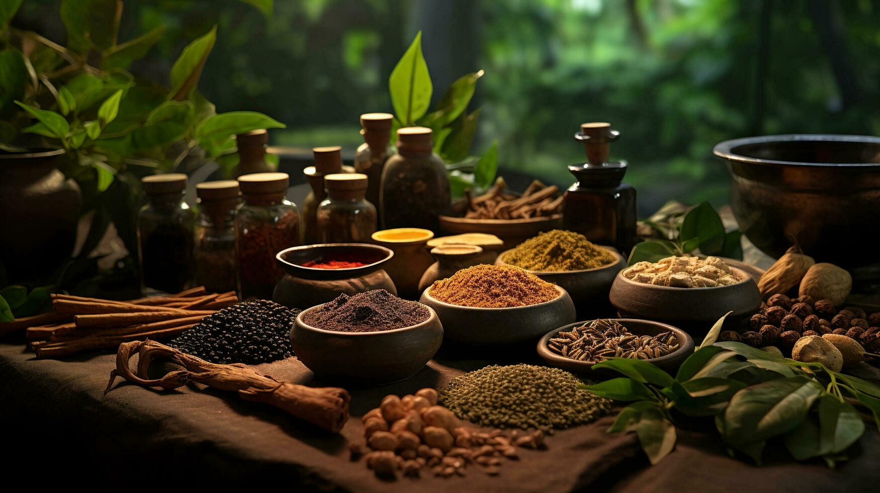 Ayurvedic herbs, spices, and natural ingredients on a table with a lush green background